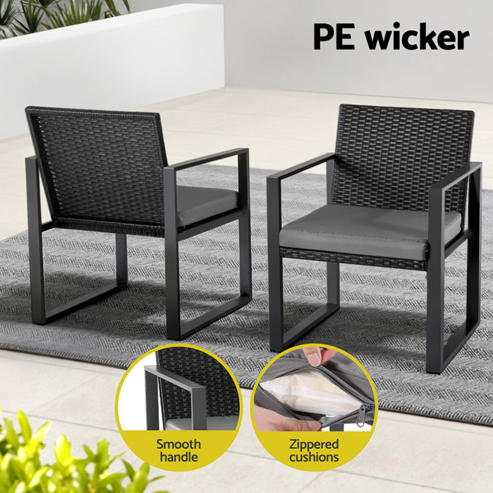 Gardeon 3PC Wicker Bistro Set Glass Top Table Black view 5