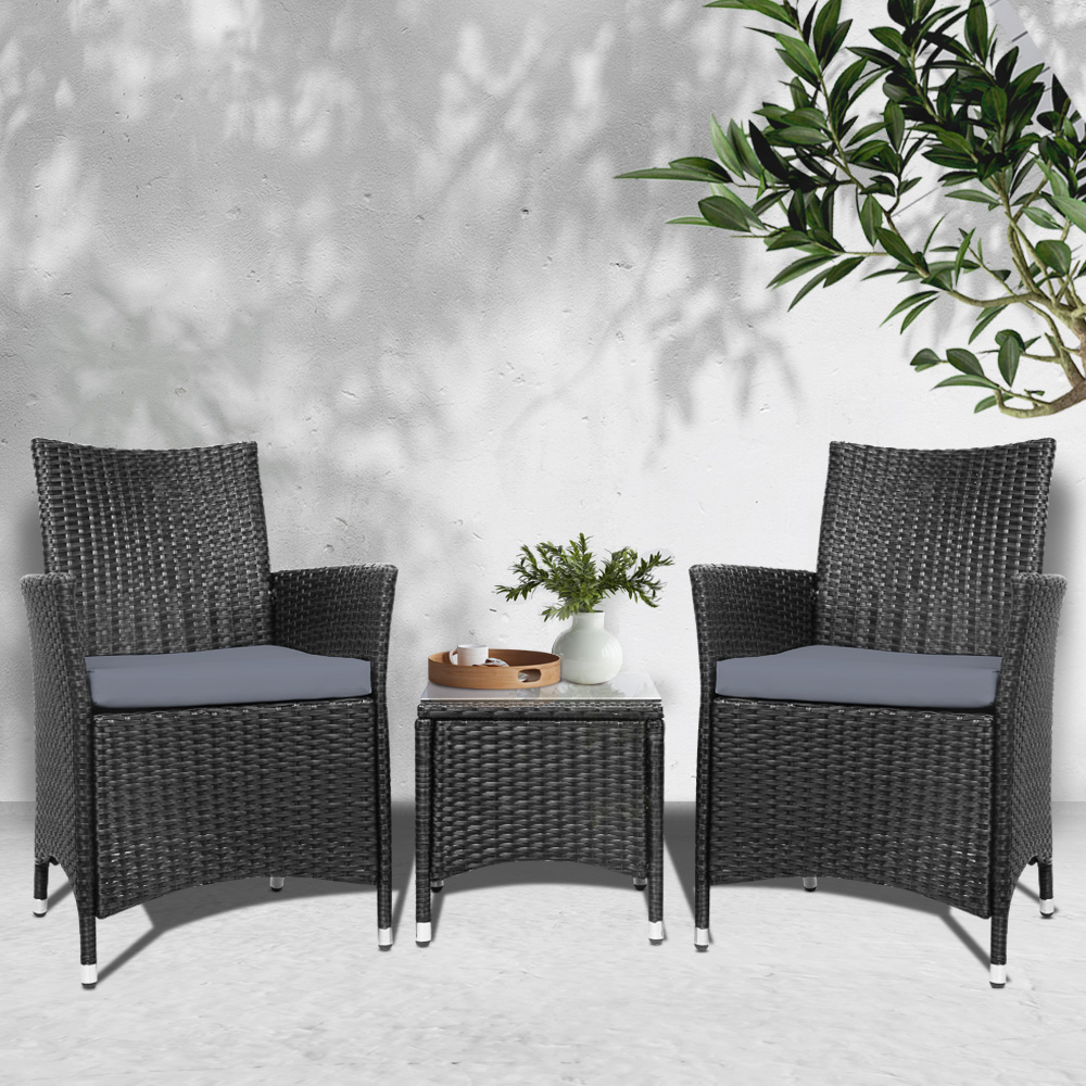 Gardeon 3PC Wicker Sofa Bistro Set Glass Table Black
