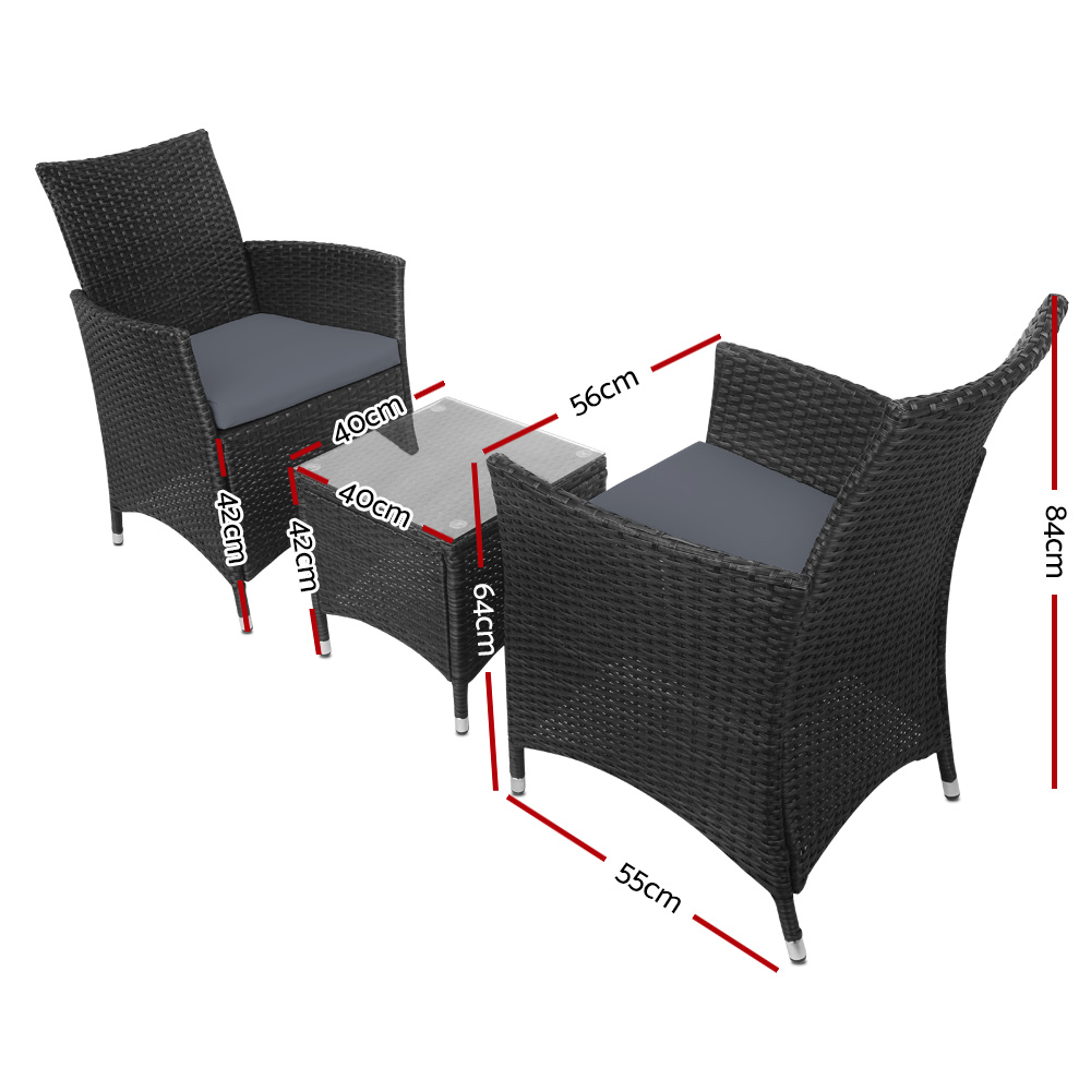 Gardeon 3PC Wicker Sofa Bistro Set Glass Table Black view 2