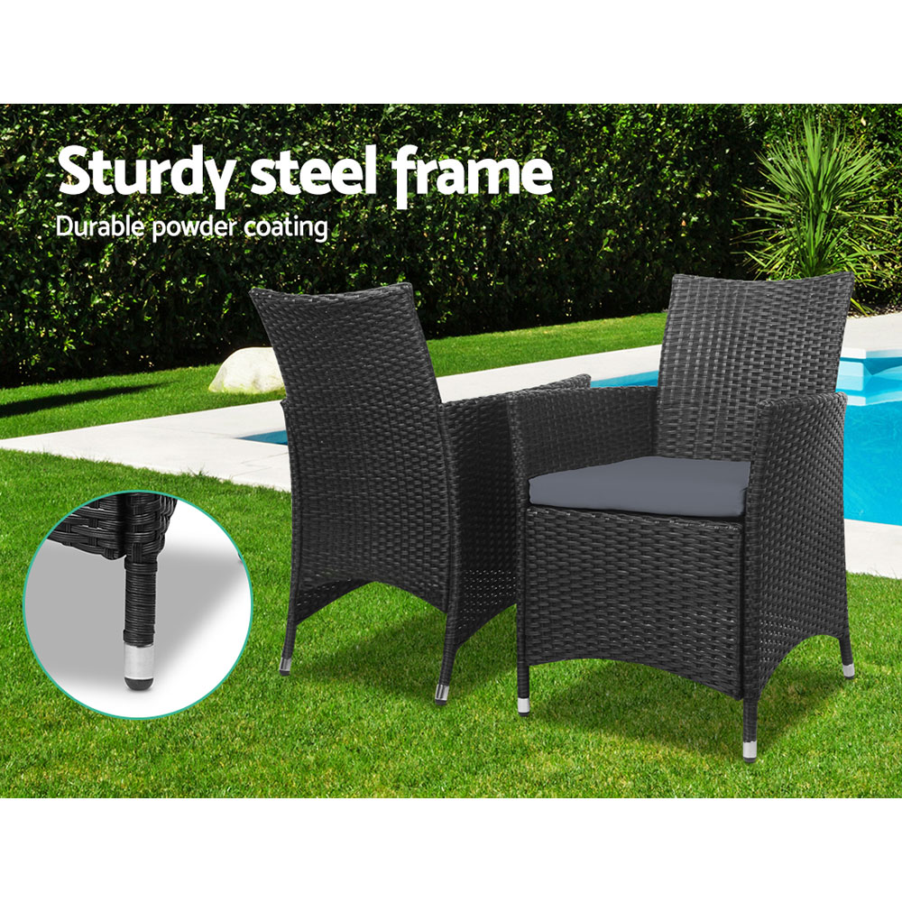 Gardeon 3PC Wicker Sofa Bistro Set Glass Table Black view 3