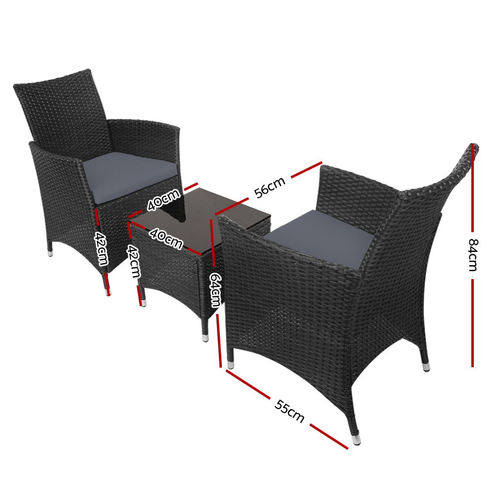 Gardeon 3 Piece Wicker Bistro Set All Black view 2