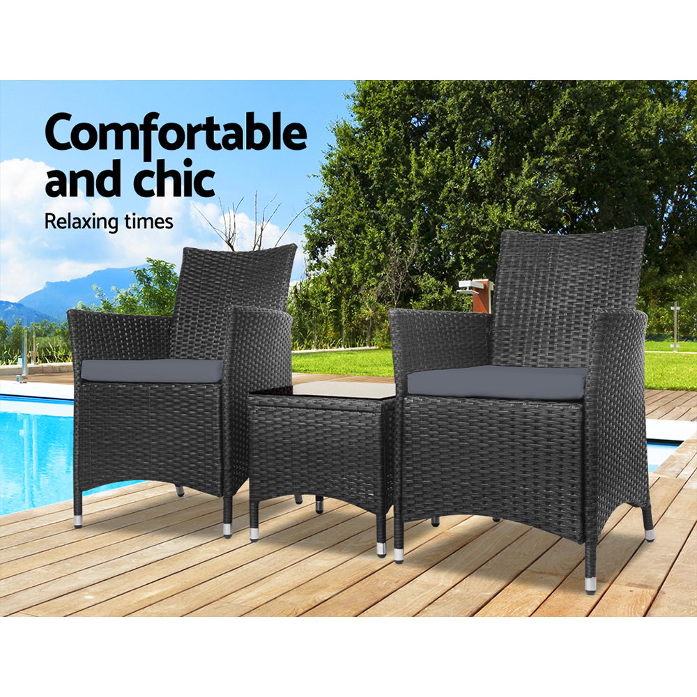 Gardeon 3 Piece Wicker Bistro Set All Black view 3