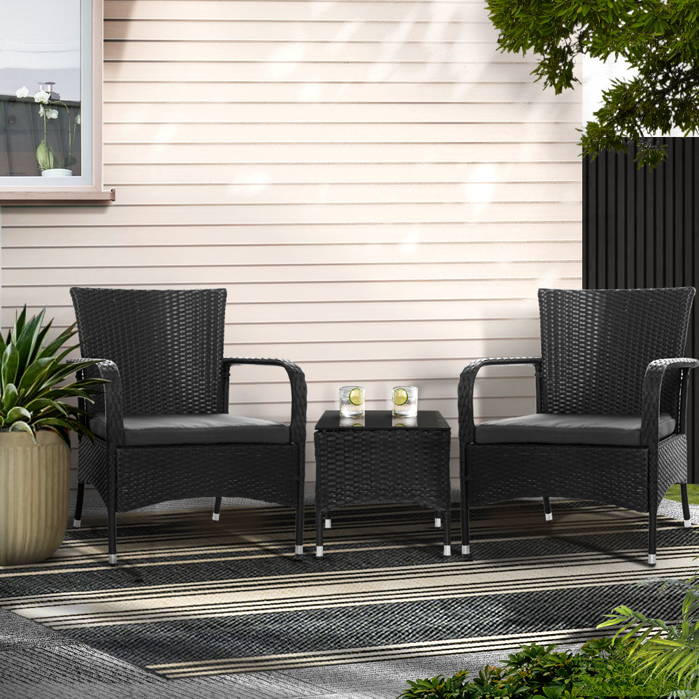 Gardeon 3PC Wicker Bistro Set Luca Chairs Table Black