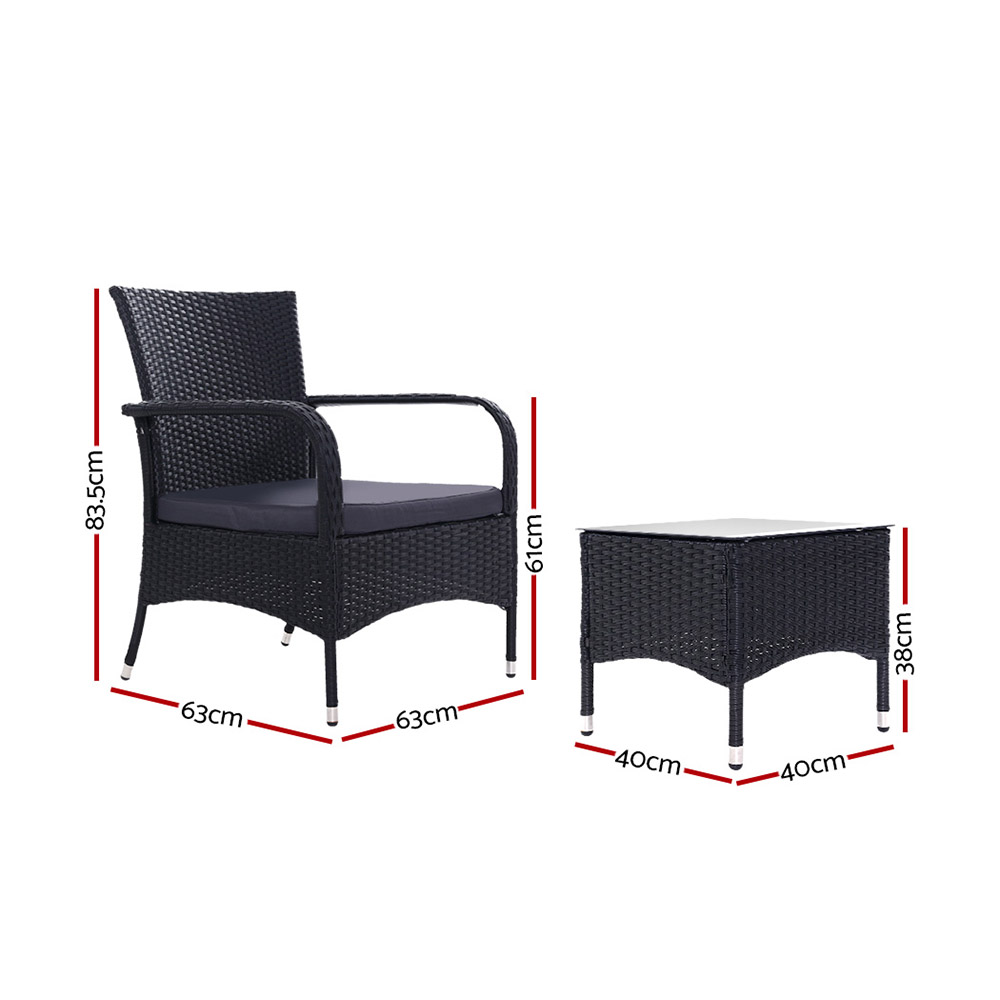 Gardeon 3PC Wicker Bistro Set Luca Chairs Table Black view 2