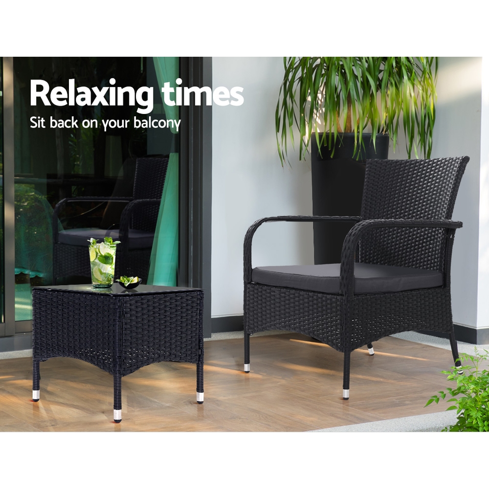 Gardeon 3PC Wicker Bistro Set Luca Chairs Table Black view 4