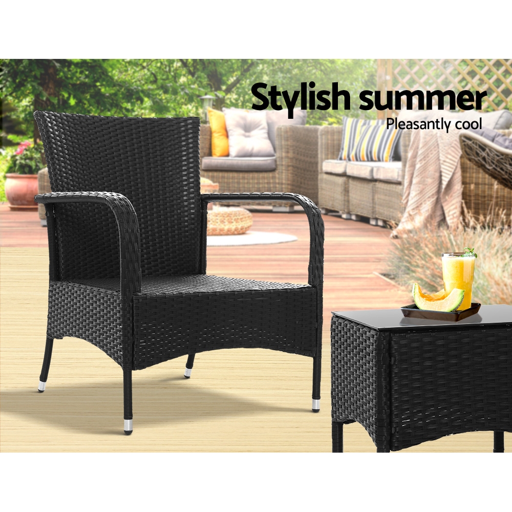 Gardeon 3PC Wicker Bistro Set Luca Chairs Table Black view 5