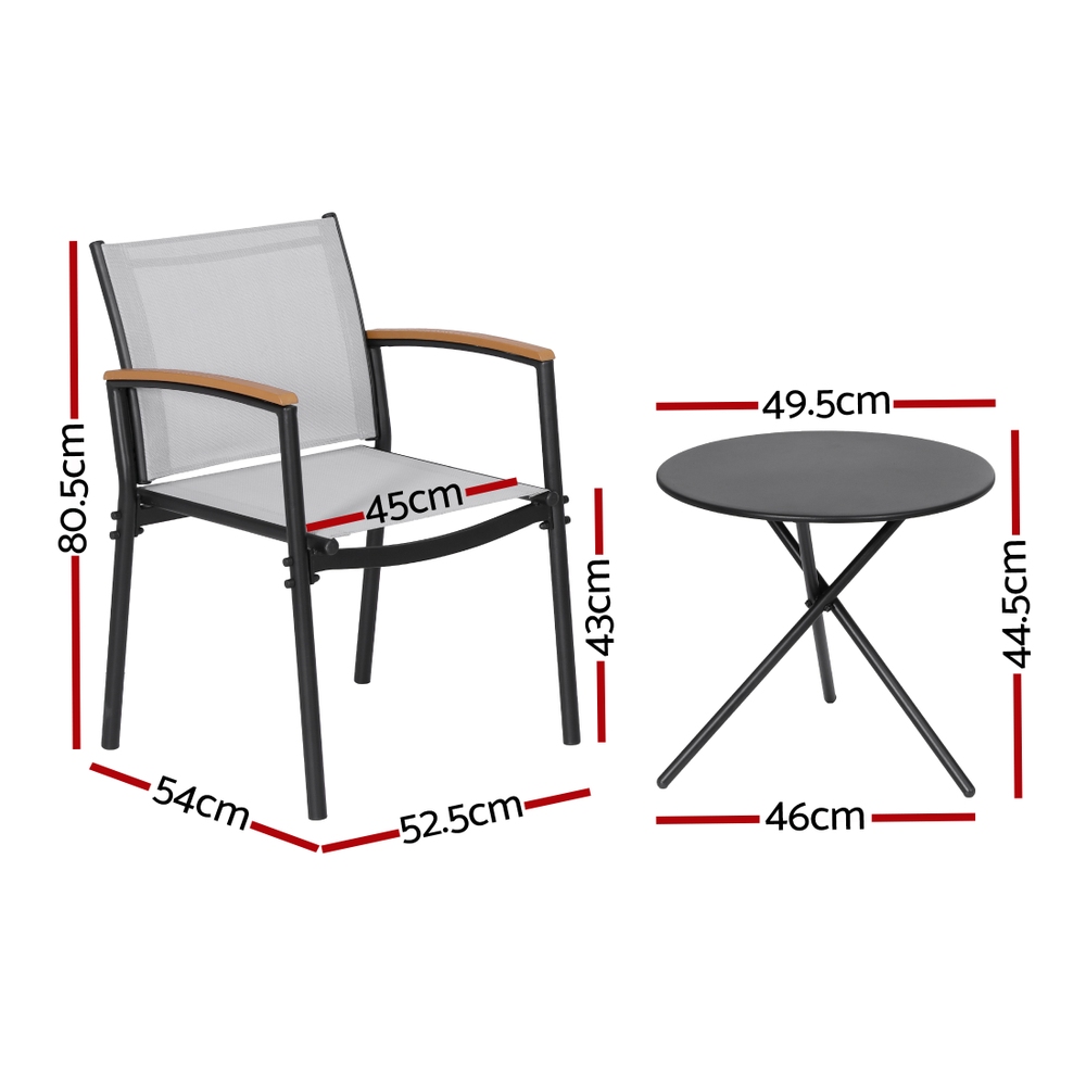 Gardeon 3PC Steel Bistro Set Textilene Dining Chairs Grey view 3