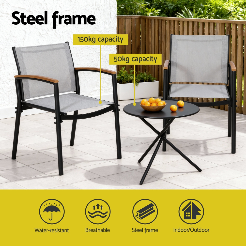 Gardeon 3PC Steel Bistro Set Textilene Dining Chairs Grey view 5