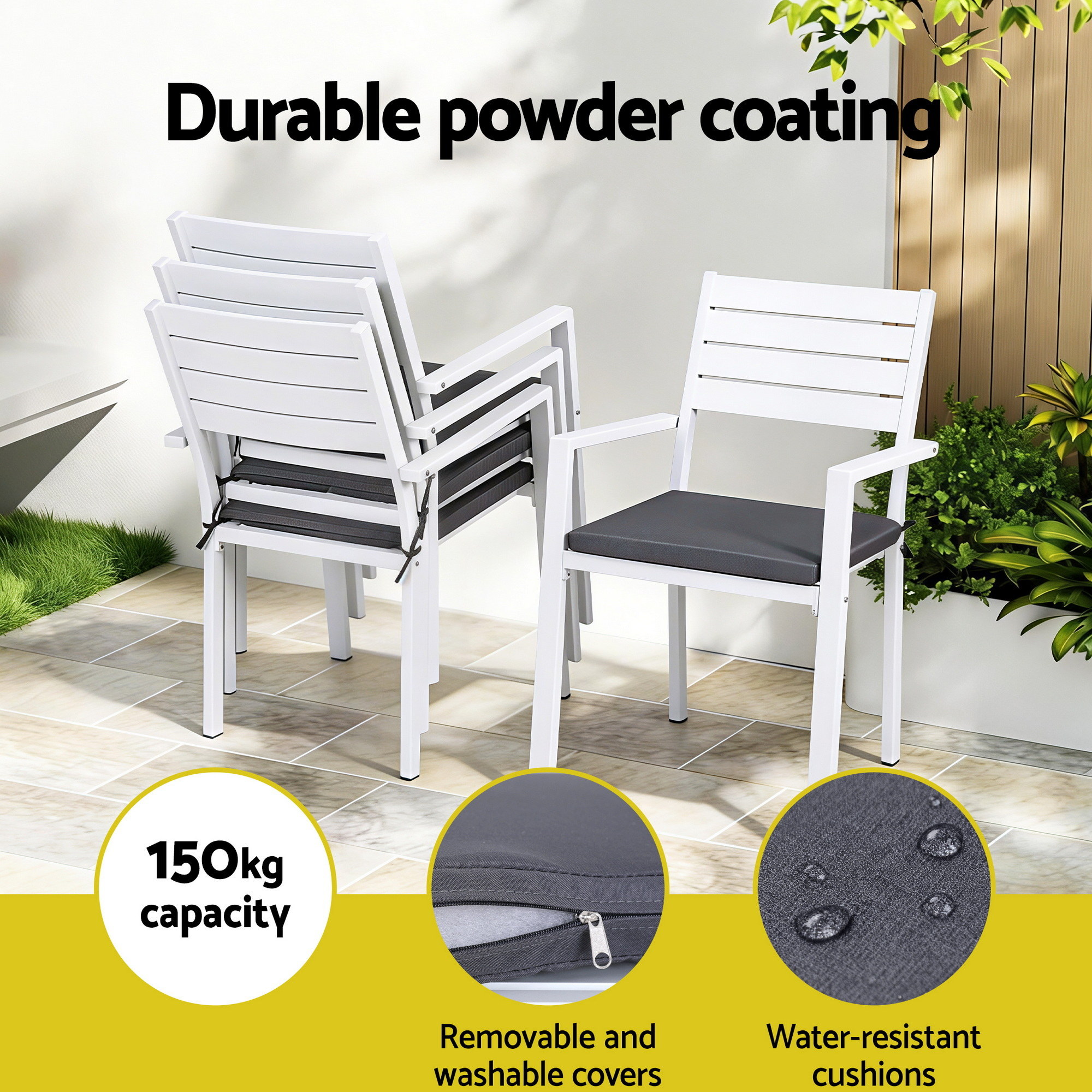 Gardeon 4PC Stackable Aluminium Dining Chairs White view 5