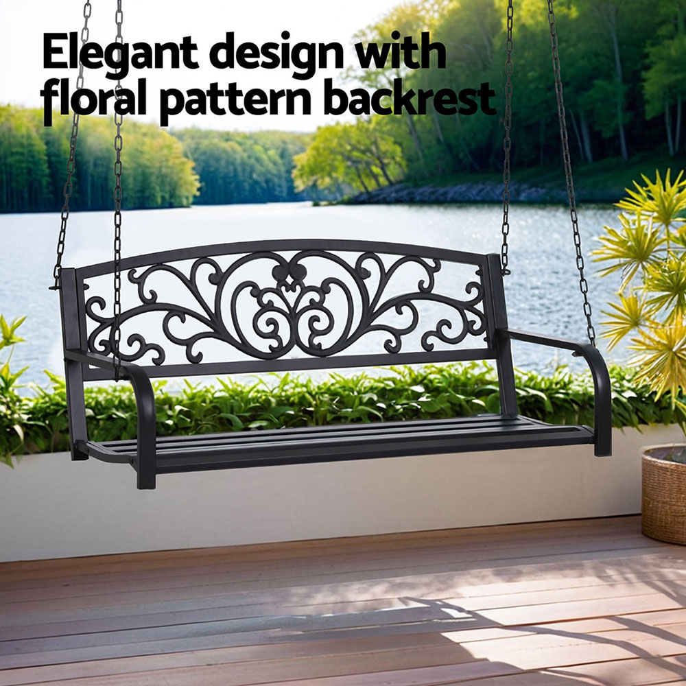 Gardeon Floral Porch Swing Chair 2-Seater Black view 5