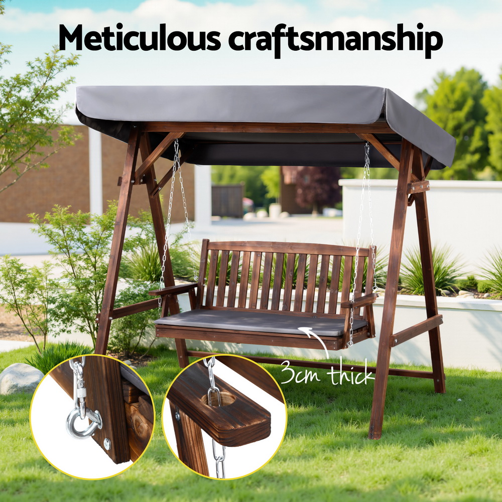 Gardeon Wooden Swing Chair Canopy 3-Seater Garden Bench view 2