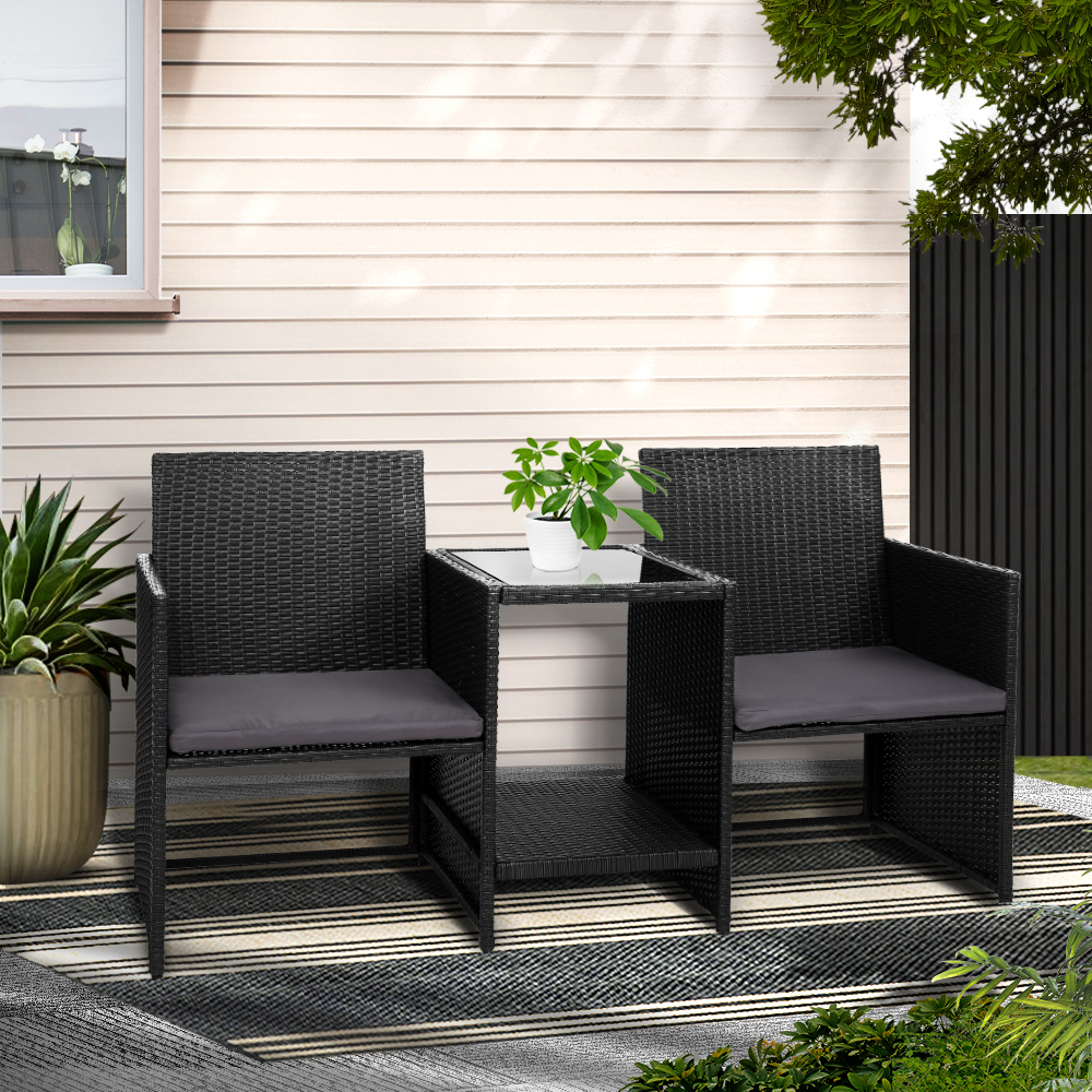 Gardeon Wicker Loveseat Bistro Set Black