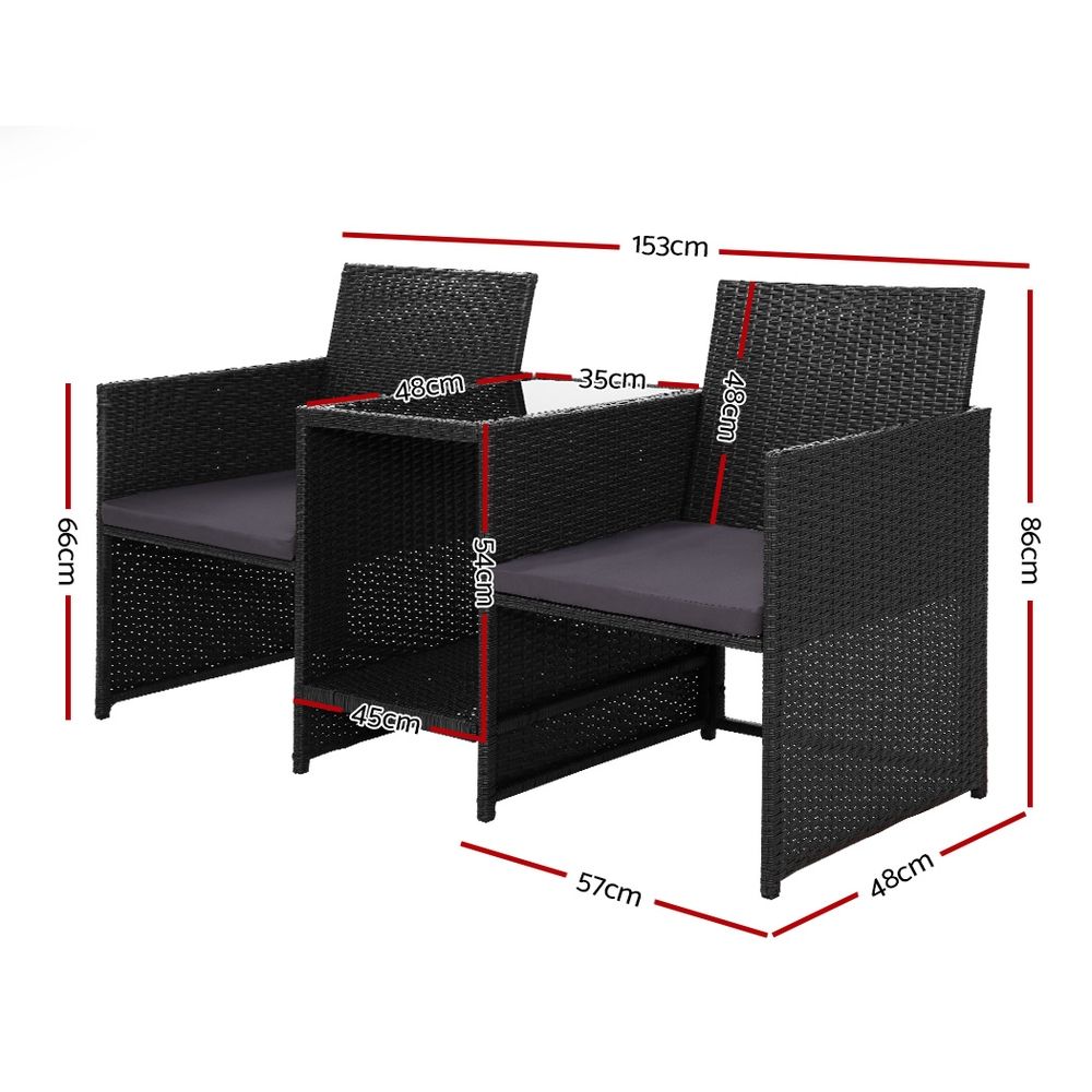 Gardeon Wicker Loveseat Bistro Set Black view 2
