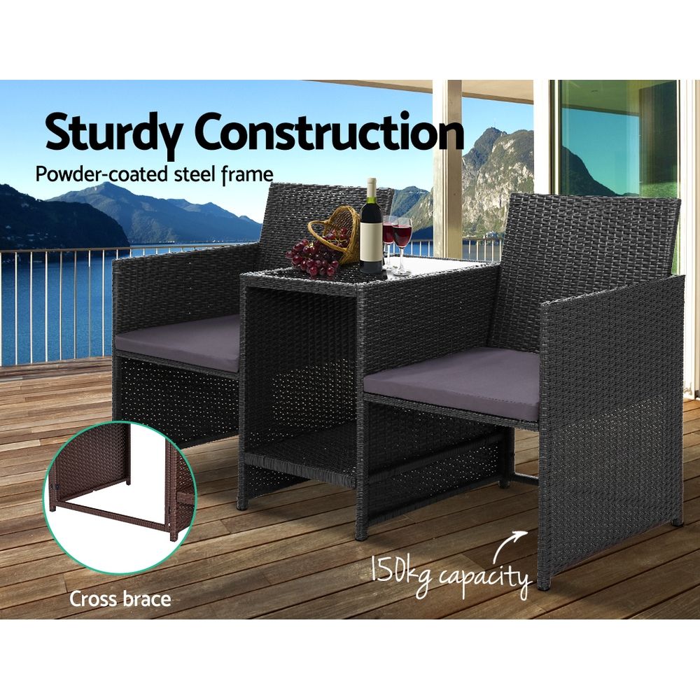 Gardeon Wicker Loveseat Bistro Set Black view 4
