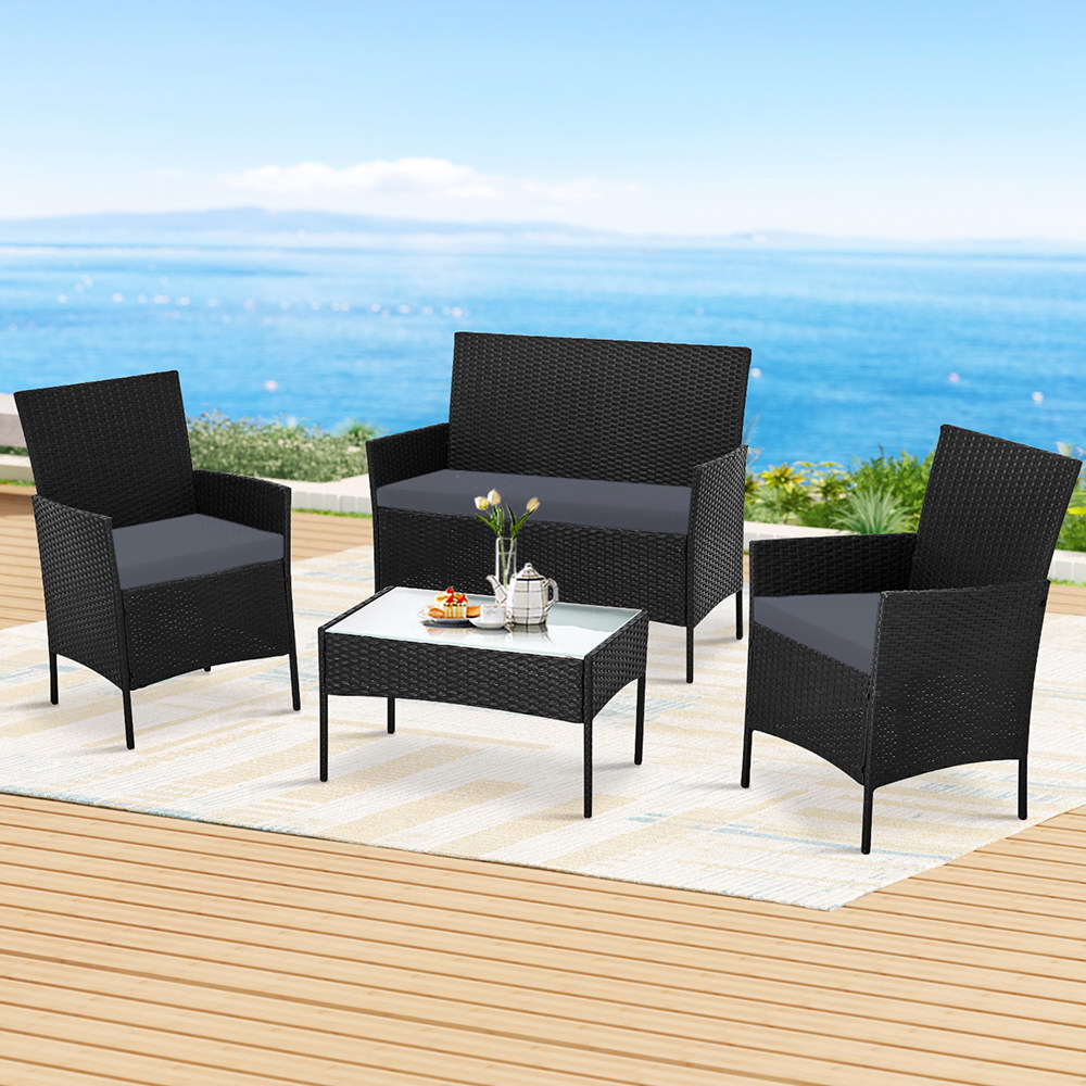 Gardeon 4-Seater Wicker Sofa Set with Loveseat Dark Grey
