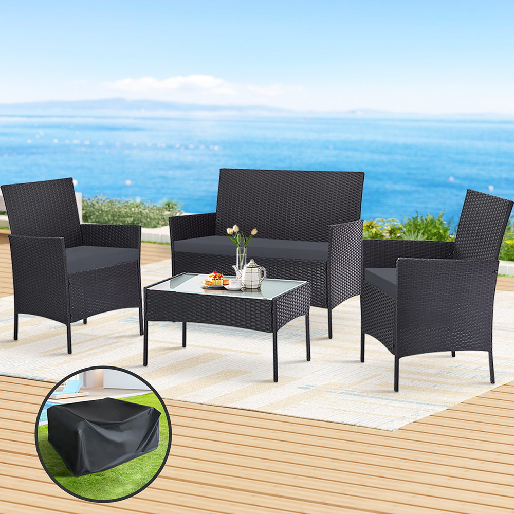Gardeon 4-Seater Wicker Sofa Set with Storage Cover Grey