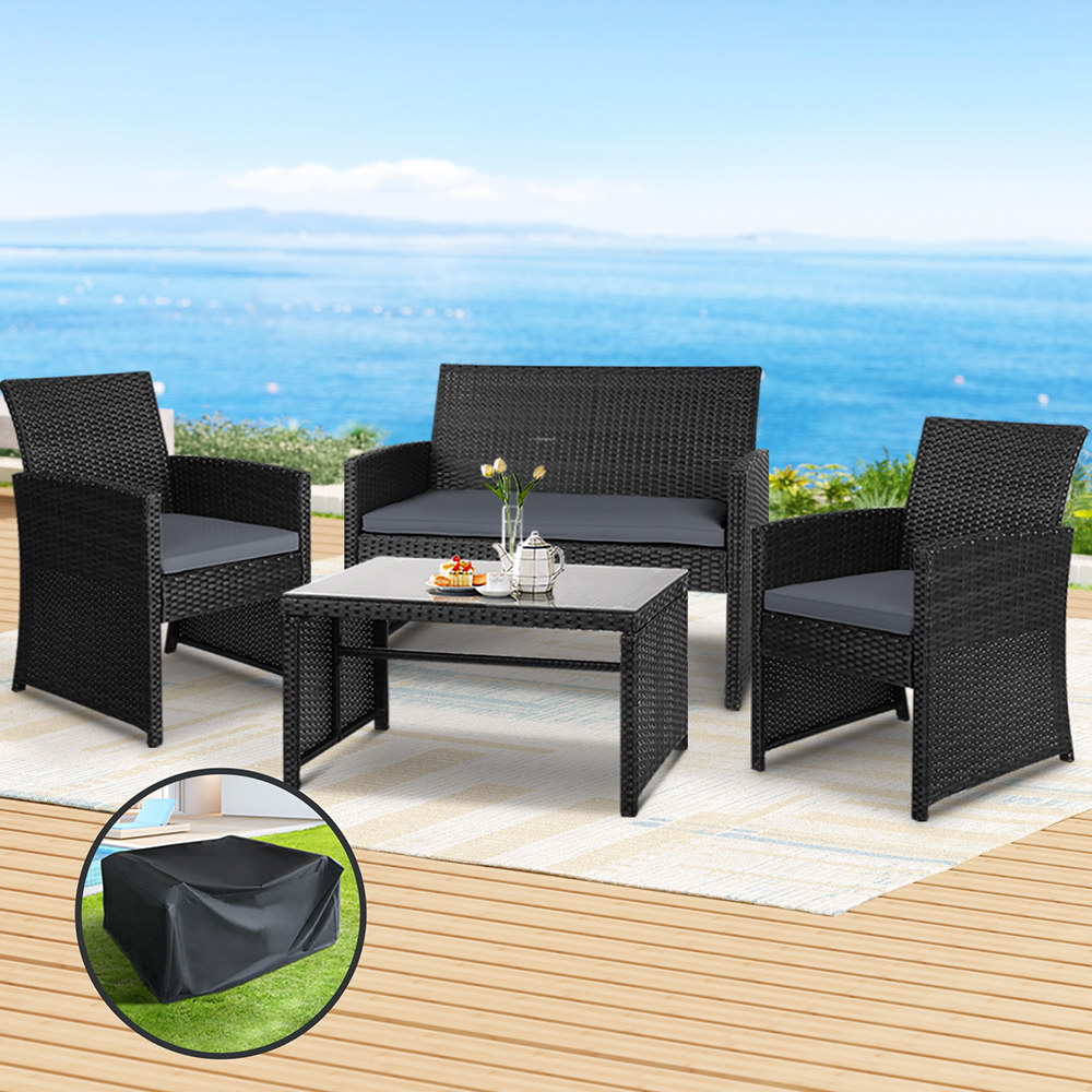 Gardeon 4-Piece Rattan Sofa Set with Storage Cover