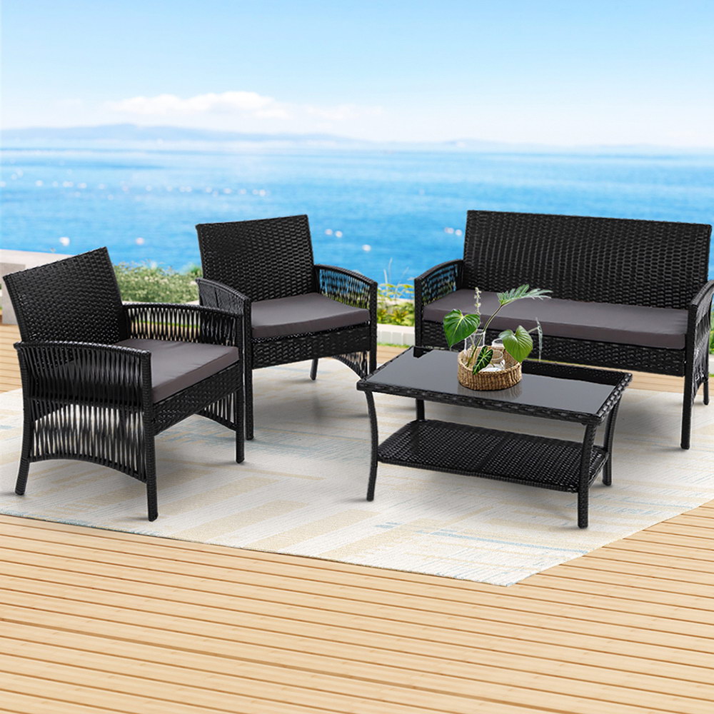 Gardeon 4PC Wicker Harp Sofa Set Black