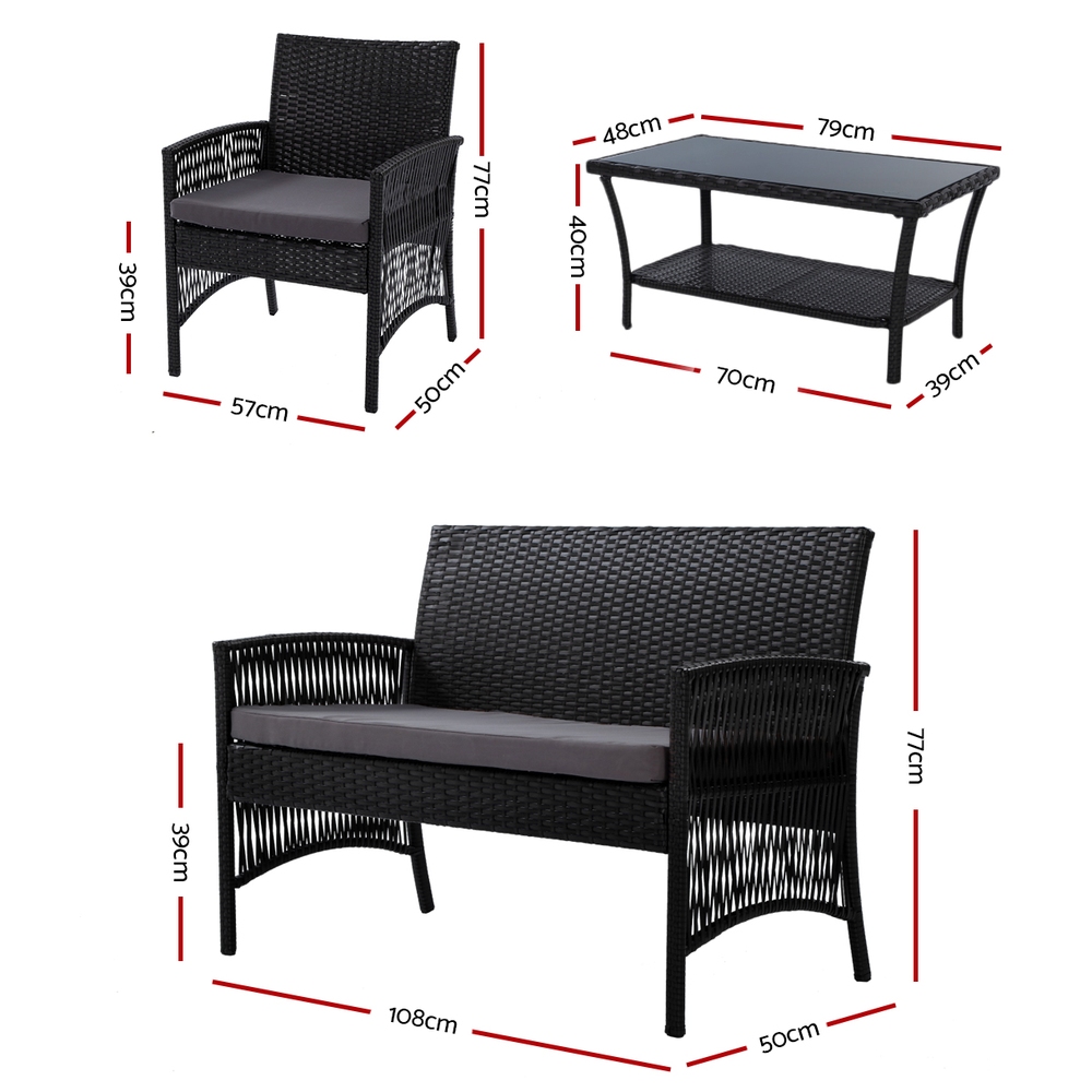 Gardeon 4PC Wicker Harp Sofa Set Black view 2