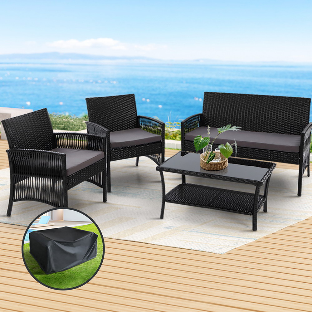 Gardeon 4PC Wicker Harp Sofa Set with Storage Cover Black
