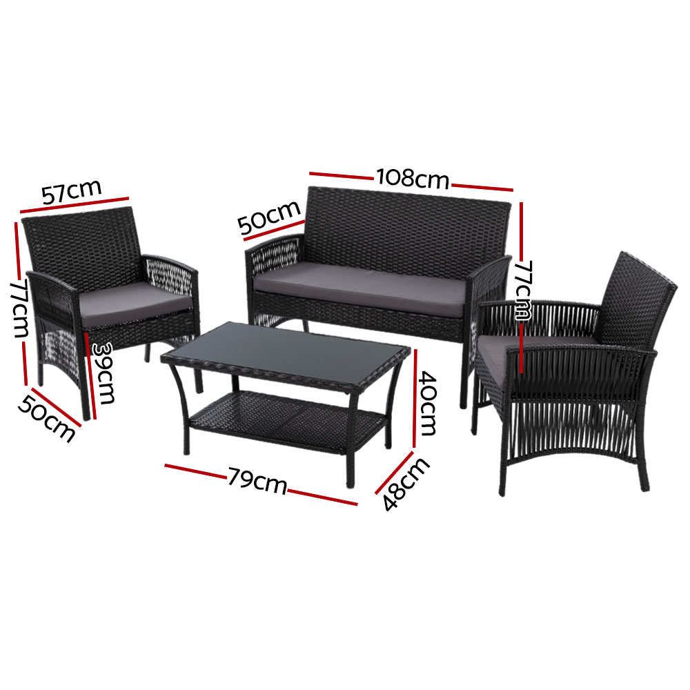 Gardeon 4PC Wicker Harp Sofa Set with Storage Cover Black view 2