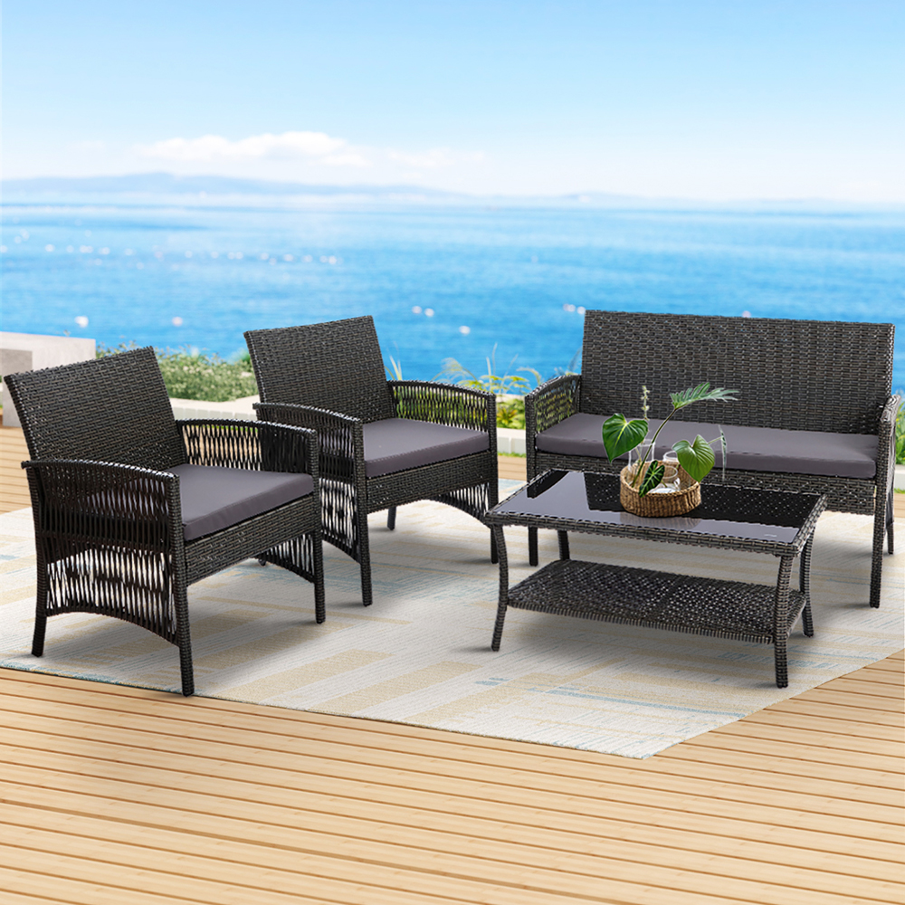 Gardeon 4PC Wicker Harp Sofa Set Grey