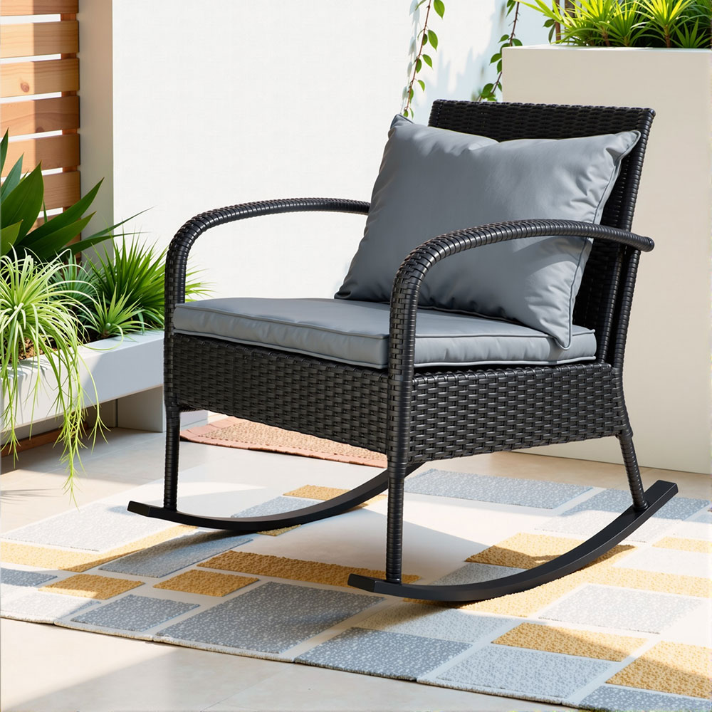 Gardeon Wicker Rocking Chair with Cushions Black