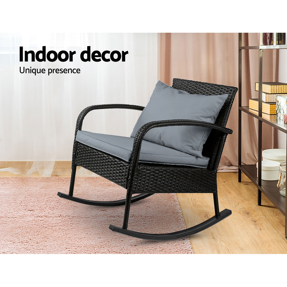 Gardeon Wicker Rocking Chair with Cushions Black view 5
