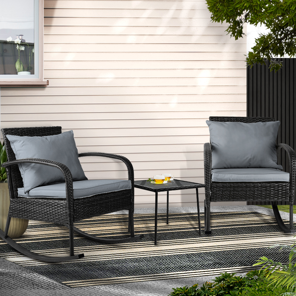 Gardeon 3PC Wicker Rocking Set Glass Table Black