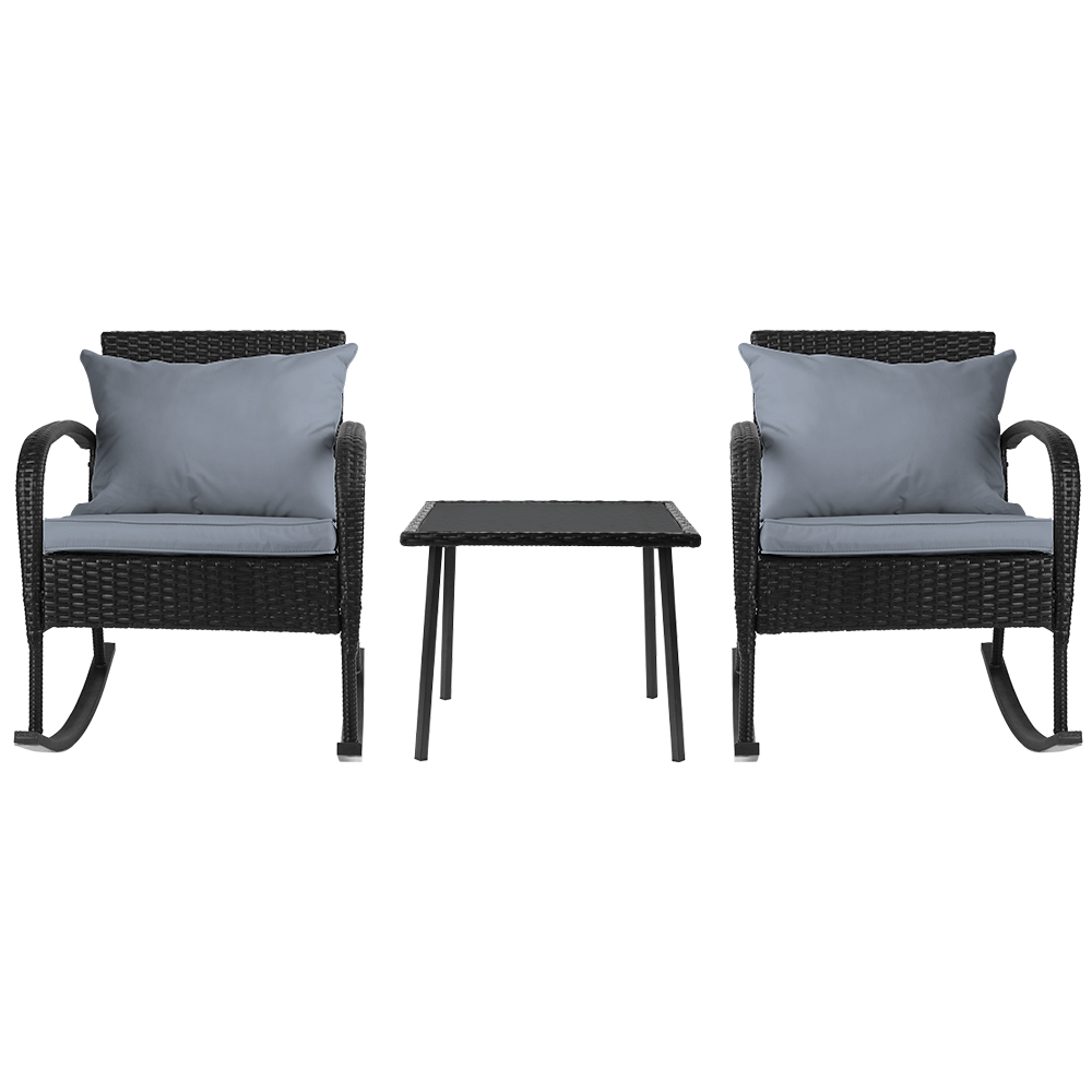 Gardeon 3PC Wicker Rocking Set Glass Table Black view 3