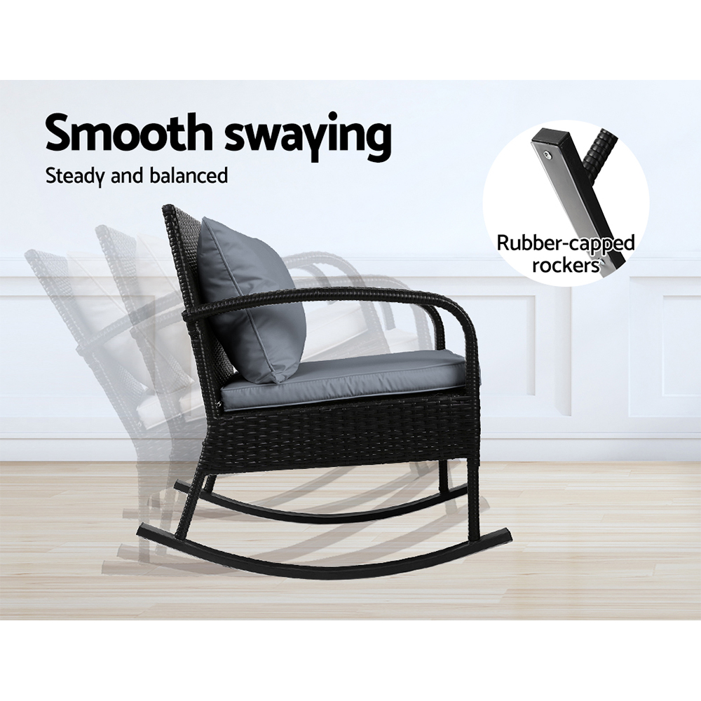 Gardeon 3PC Wicker Rocking Set Glass Table Black view 4