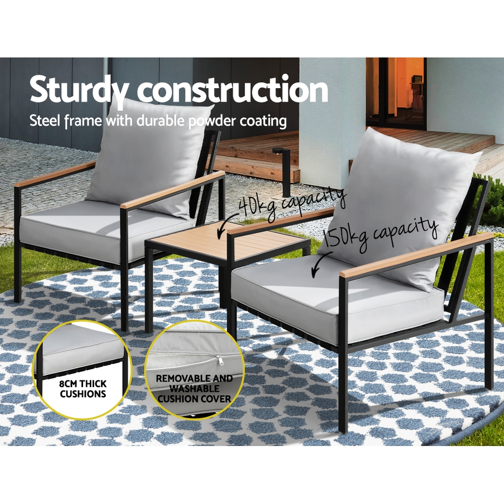 Gardeon 3PC Outdoor Lounge Setting with Coffee Table Black view 5