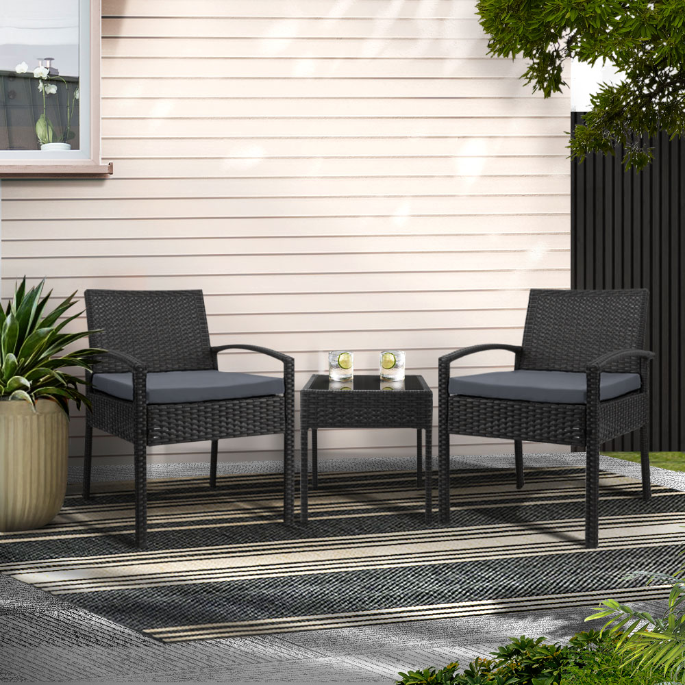 Gardeon 3PC Wicker Lounge Setting Glass Top Table