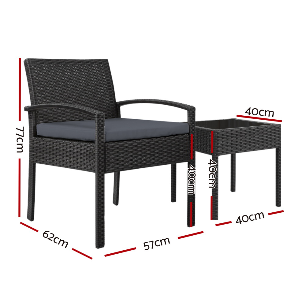 Gardeon 3PC Wicker Lounge Setting Glass Top Table view 2