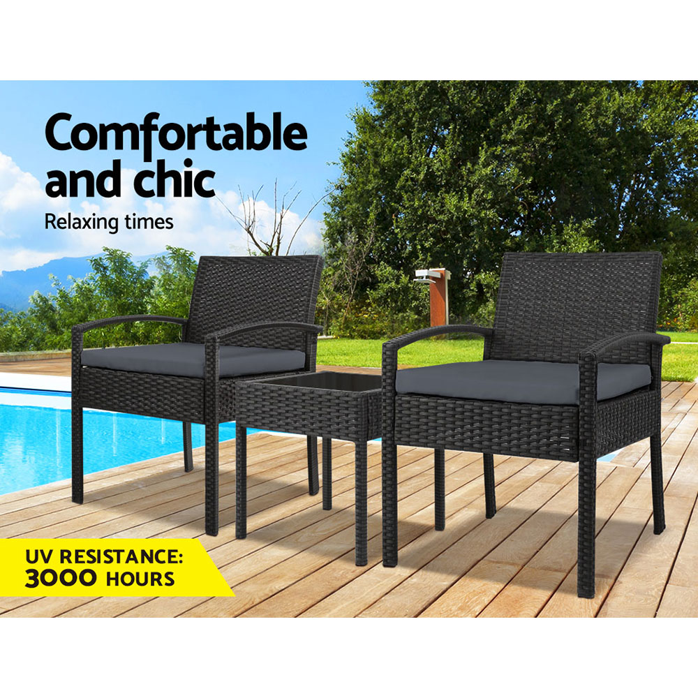 Gardeon 3PC Wicker Lounge Setting Glass Top Table view 3