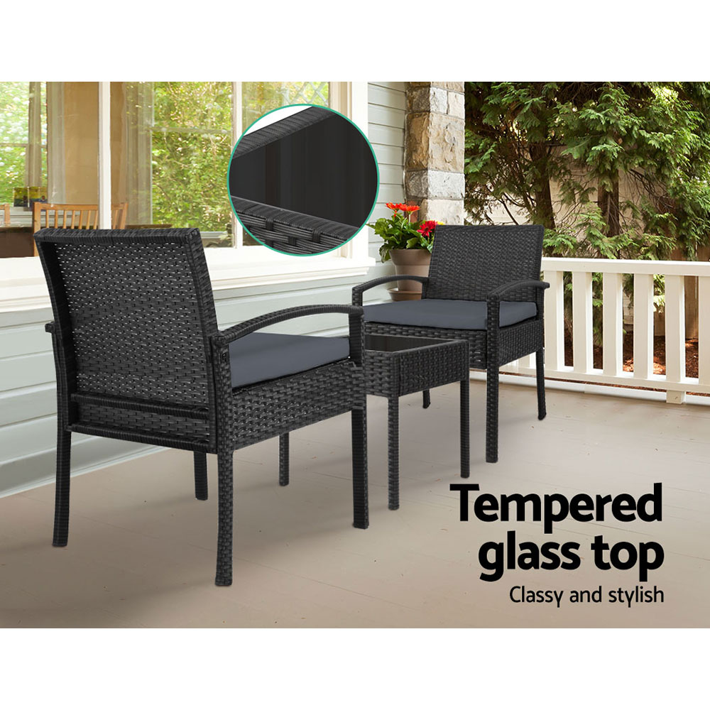 Gardeon 3PC Wicker Lounge Setting Glass Top Table view 5