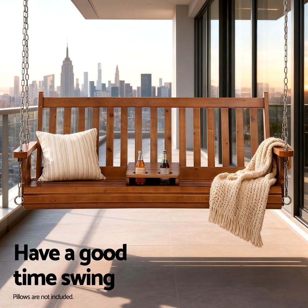 Gardeon Wooden Porch Swing Chair 2 Seat Cup Holder view 4