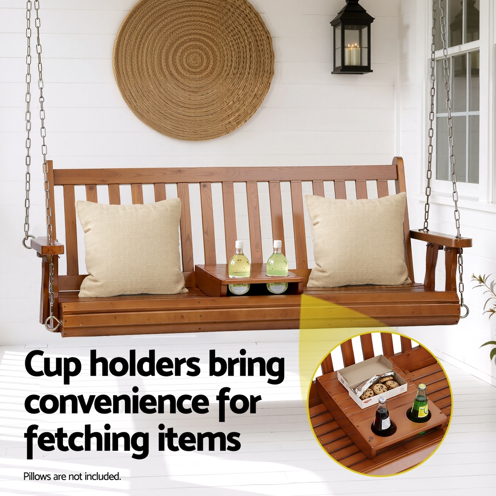 Gardeon Wooden Porch Swing Chair 2 Seat Cup Holder view 5