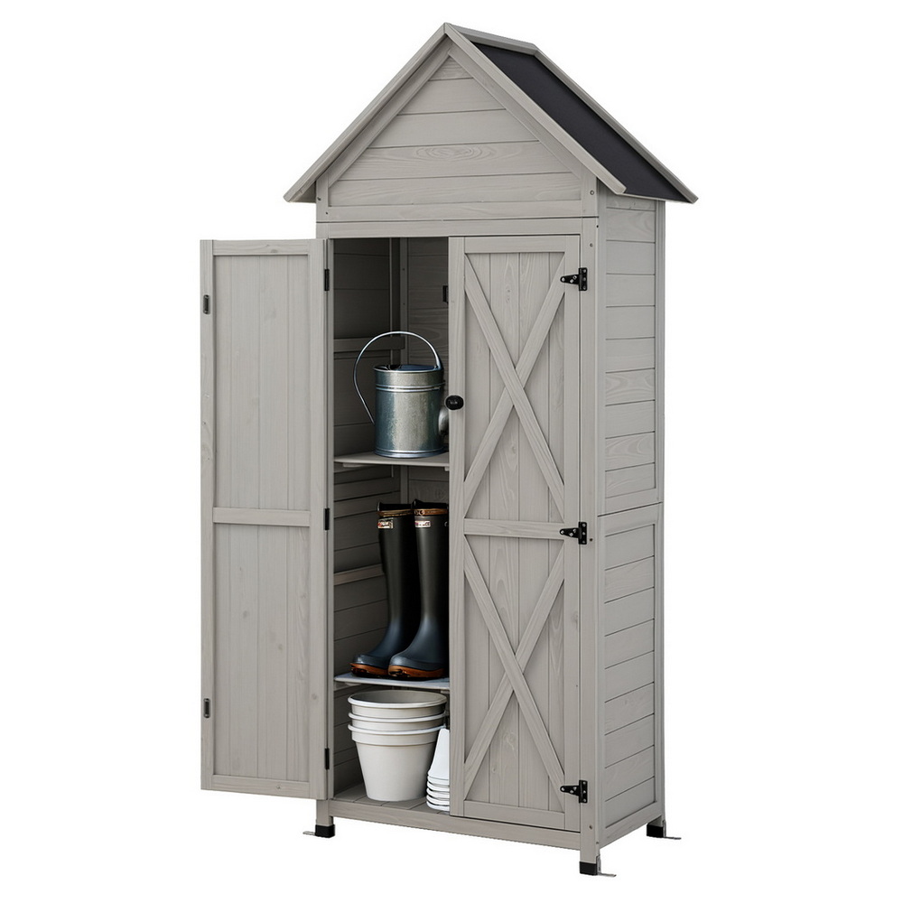 Gardeon Wooden Storage Cabinet with PVC Roof Grey view 2
