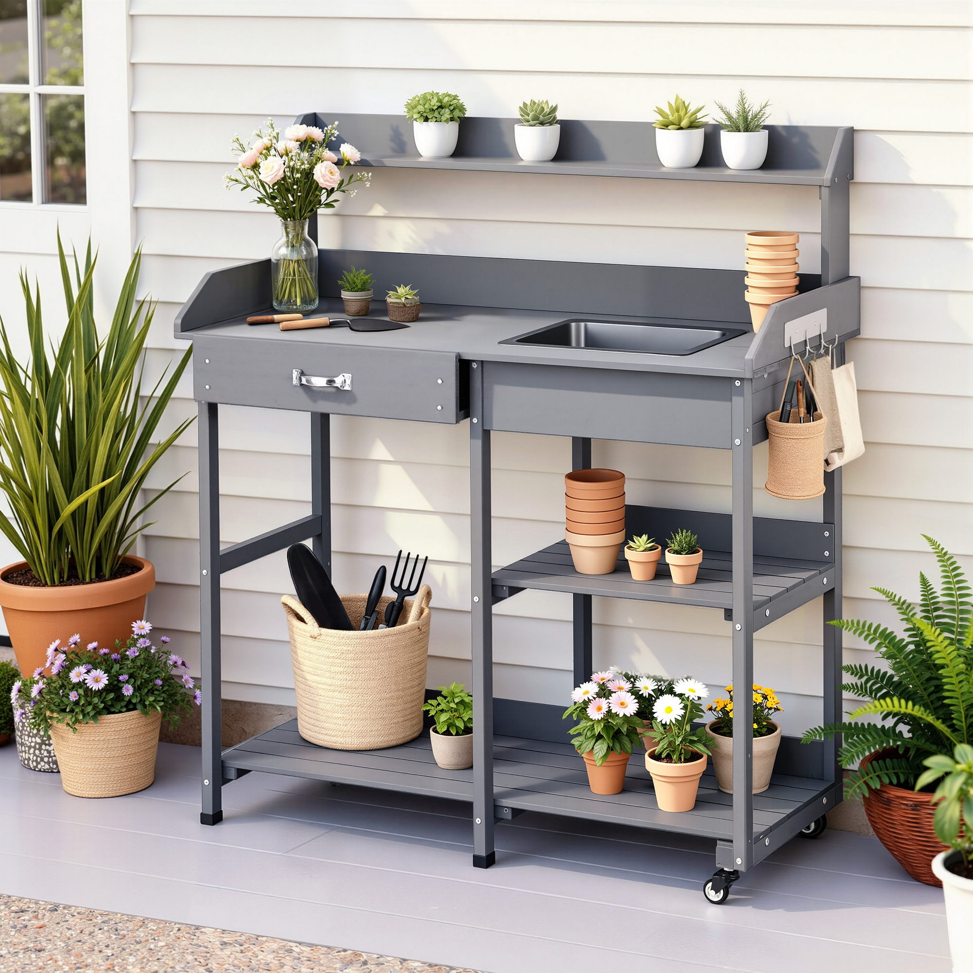 Gardeon Cedar Potting Bench with Wheels Grey