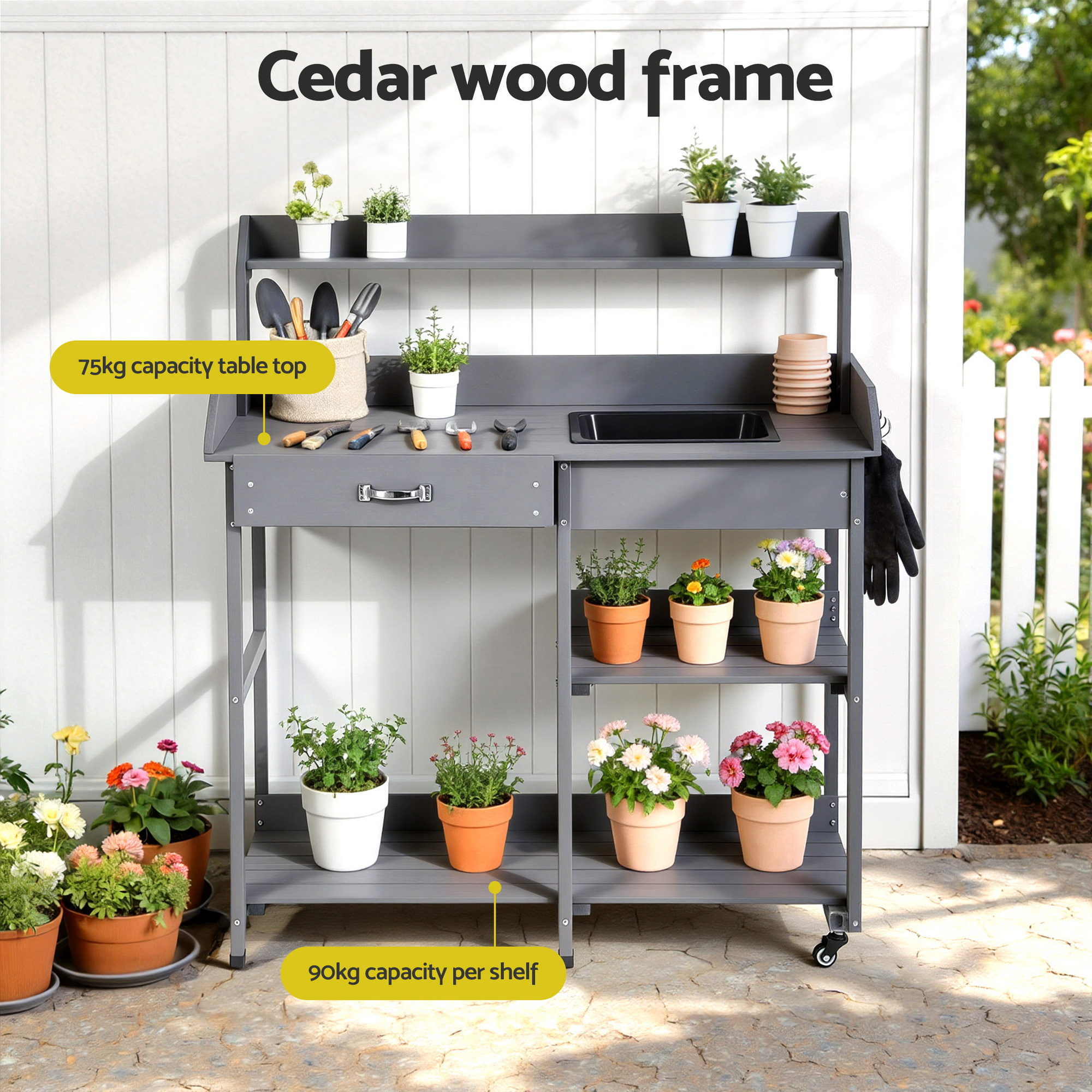 Gardeon Cedar Potting Bench with Wheels Grey view 5