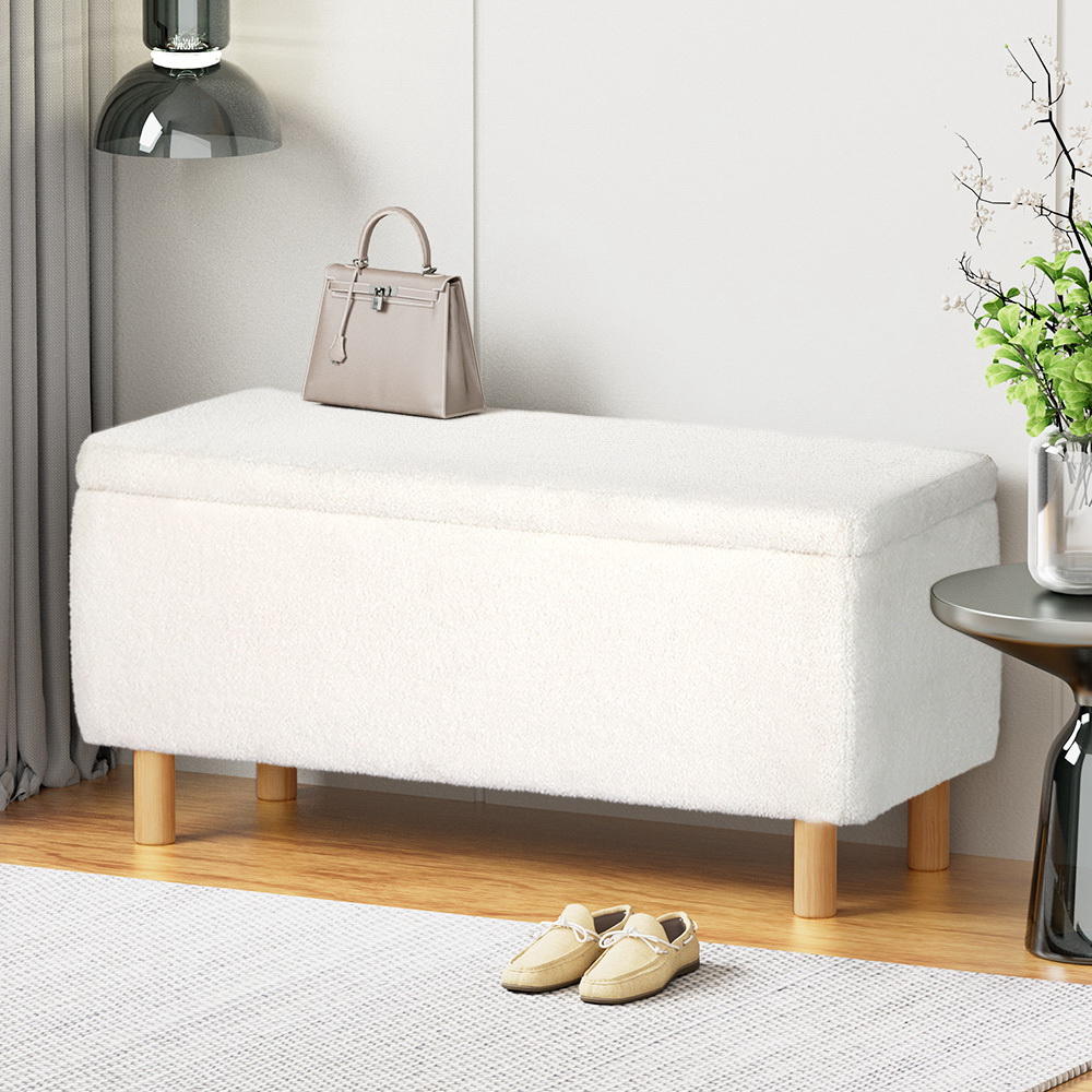 Artiss Teddy Fabric Storage Ottoman Blanket Box 99cm White