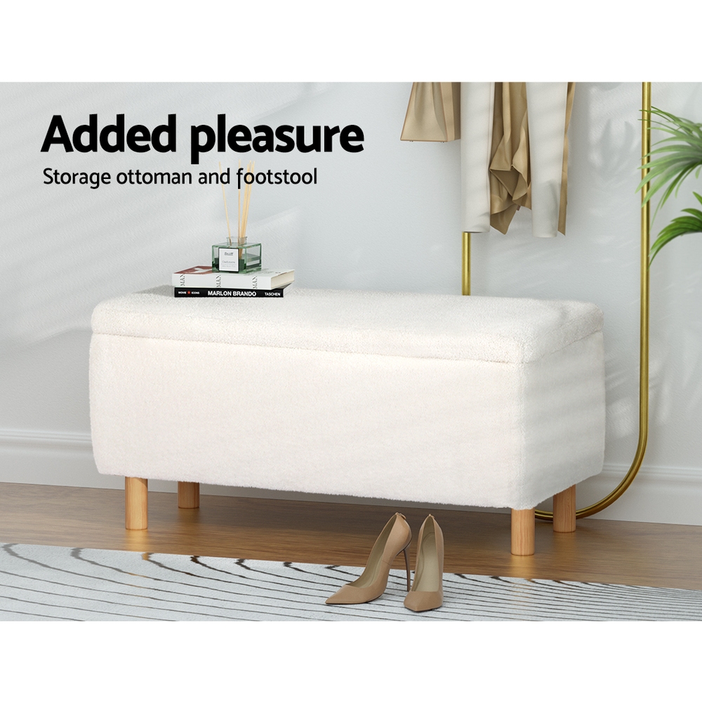 Artiss Teddy Fabric Storage Ottoman Blanket Box 99cm White view 4