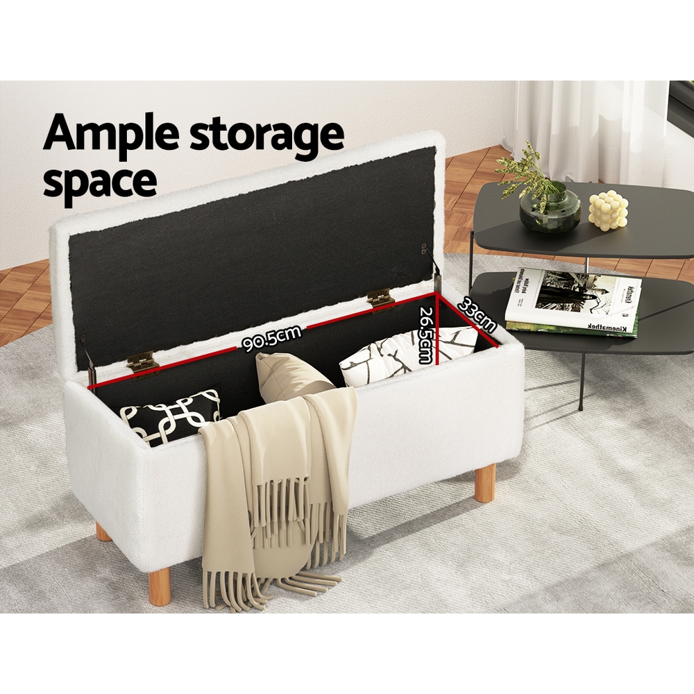 Artiss Teddy Fabric Storage Ottoman Blanket Box 99cm White view 5