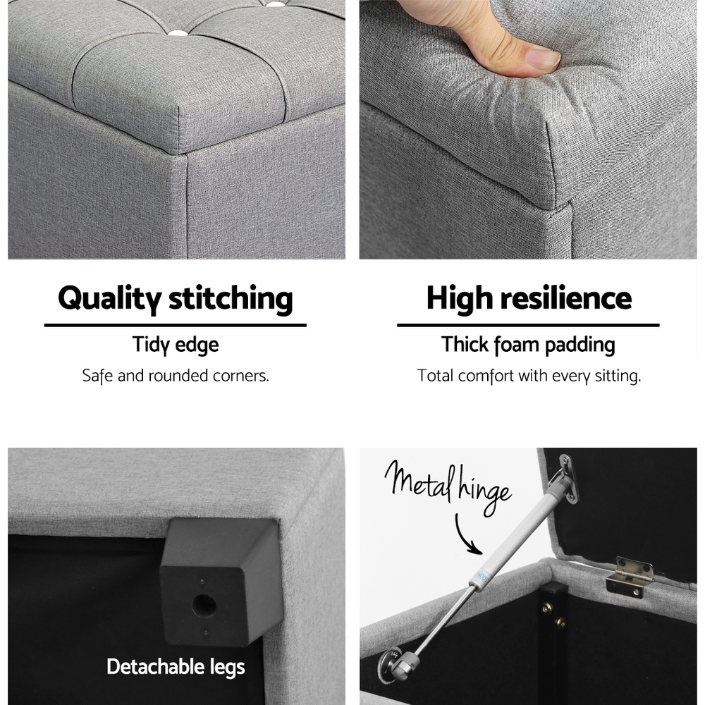 Artiss Button Linen Storage Ottoman Blanket Box 97cm Grey view 5