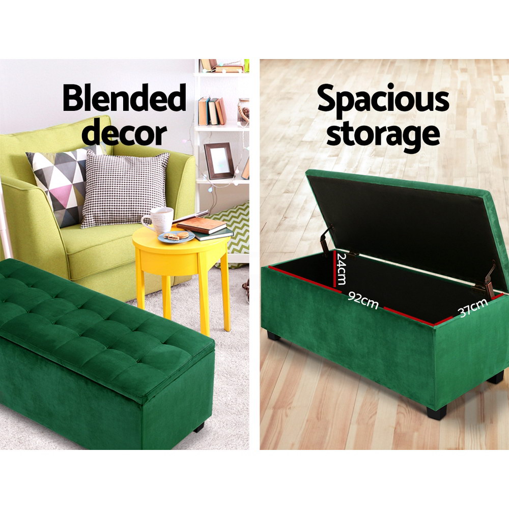Artiss Velvet Storage Ottoman Blanket Box 97cm Green view 5