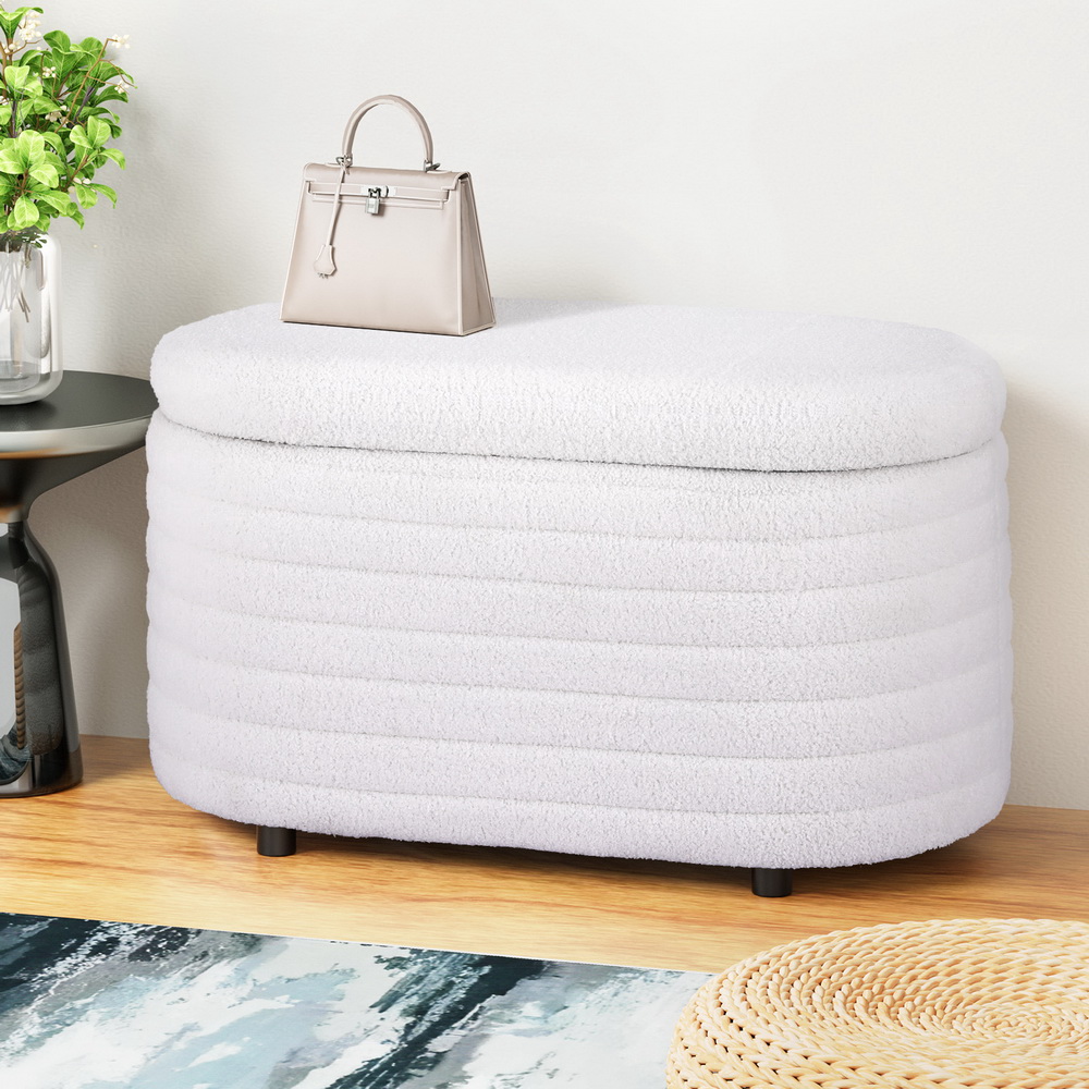 Artiss Boucle Oval Storage Ottoman Blanket Box 87cm White