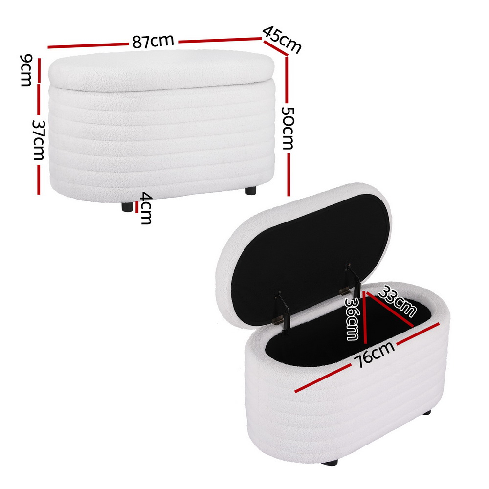 Artiss Boucle Oval Storage Ottoman Blanket Box 87cm White view 2