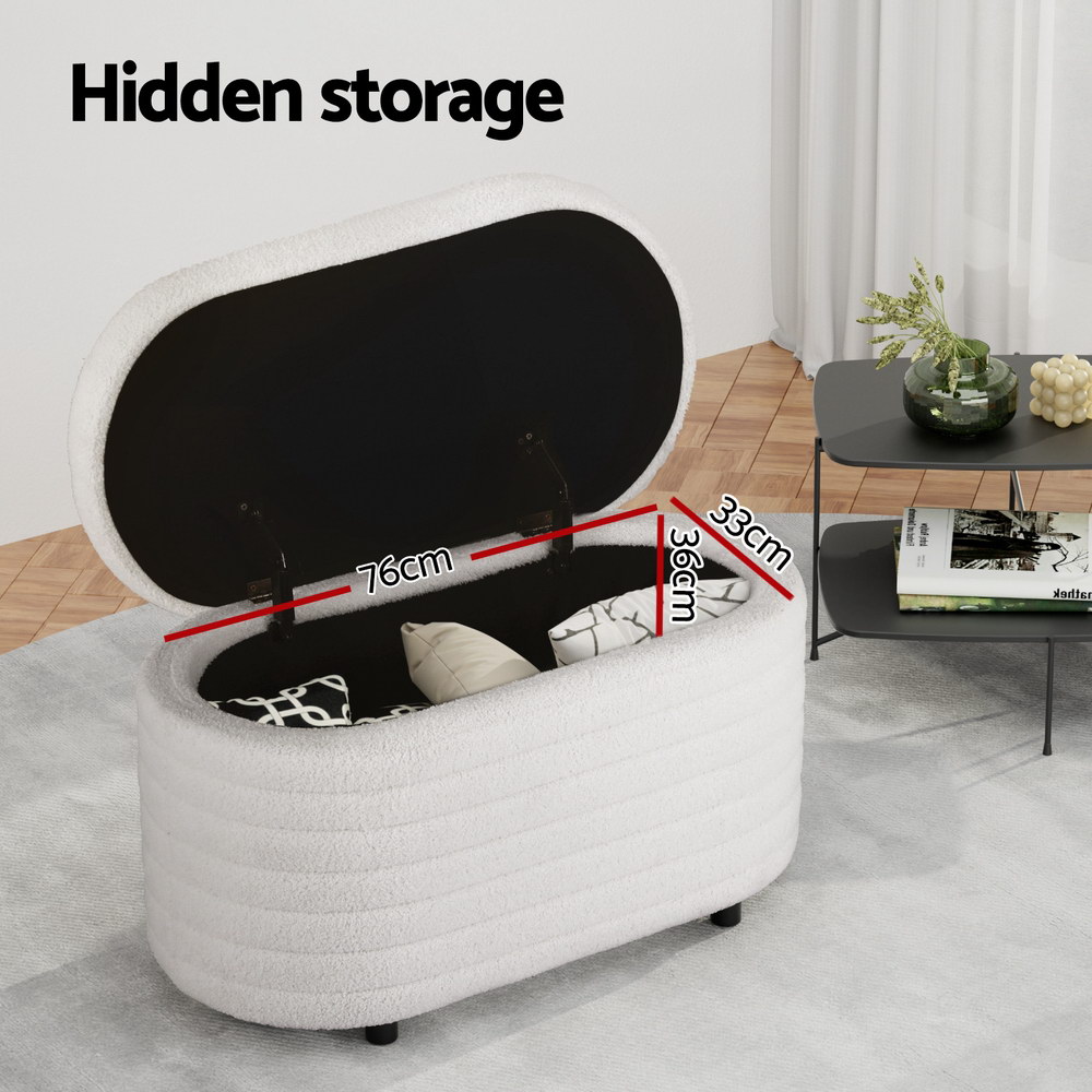 Artiss Boucle Oval Storage Ottoman Blanket Box 87cm White view 5
