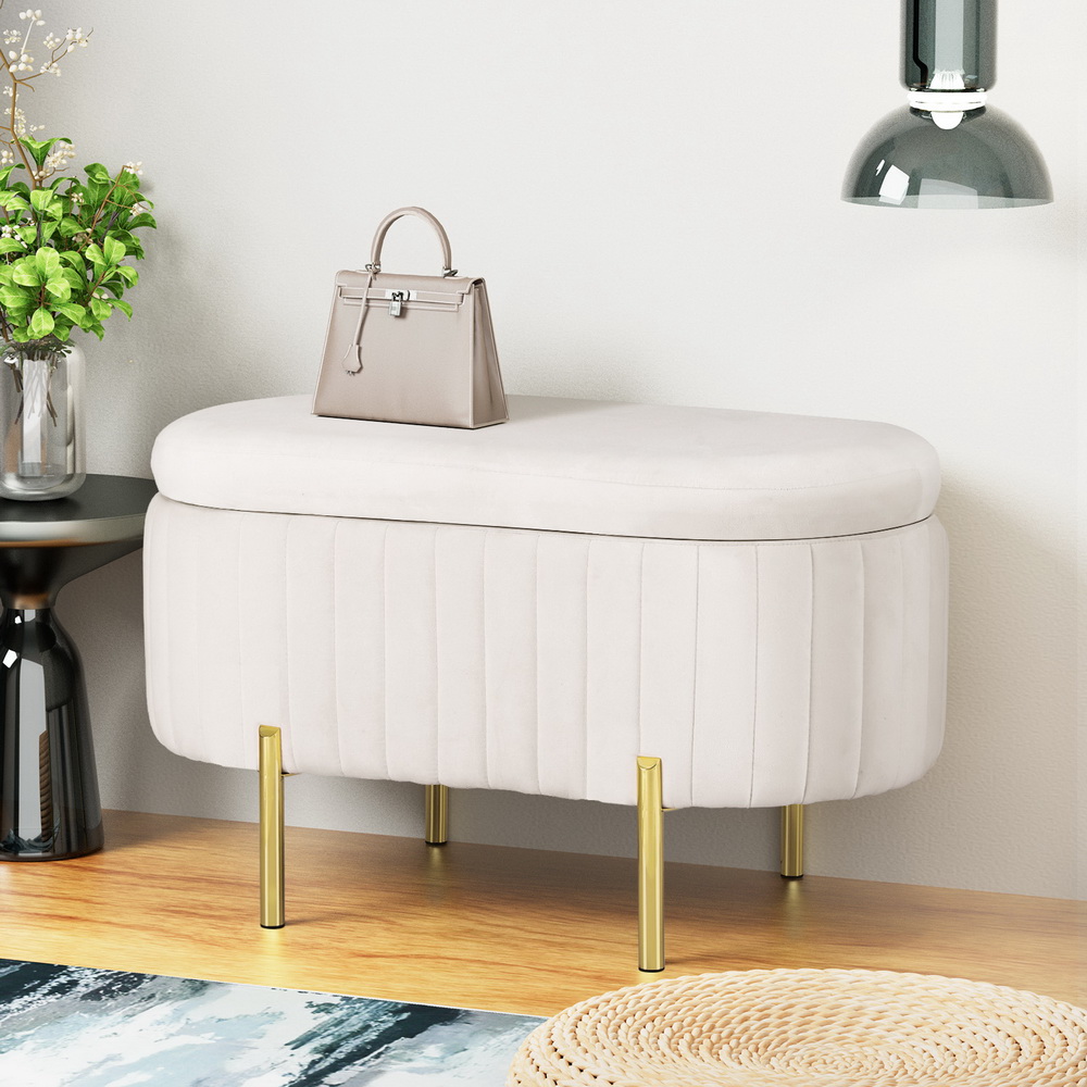 Artiss Velvet Oval Storage Ottoman Blanket Box 87cm White